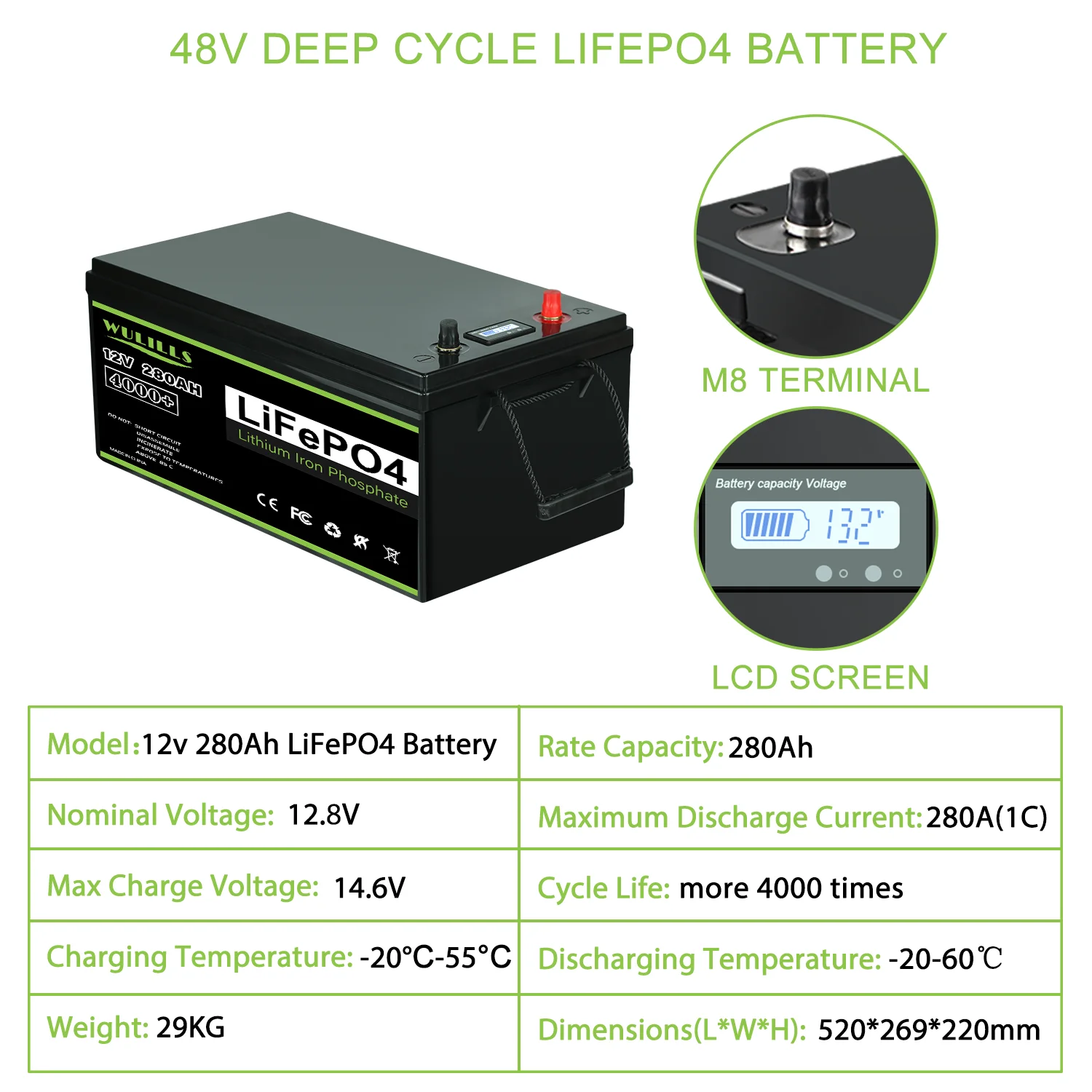 12V 280AH Lifepo4 Battery Pack  12v 300Ah Lithium Iron Phosphate batteries Built-in BMS  For Boat Home Storage Off-Grid EU US