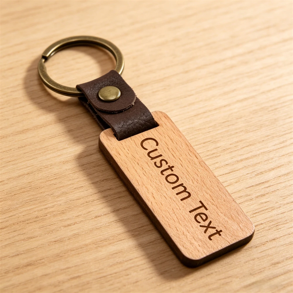 Custom Text Solid Wood Leather Keychain, Personalized Name Key Ring