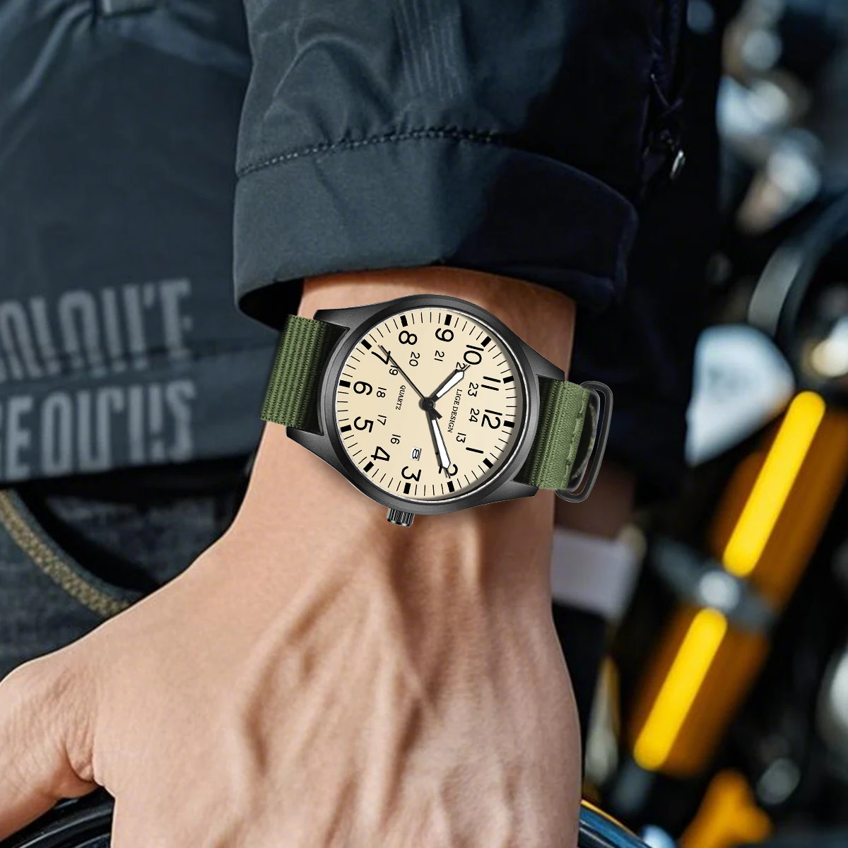ساعات LIGE للرجال ساعة عسكرية تناظرية مع تقويم مضيئة وحزام نايلون أخضر مقاوم للماء ساعات يد رجالية عتيقة #5