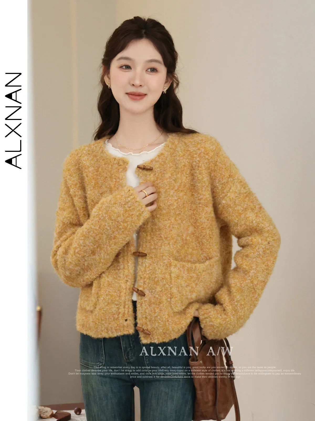 

ALXNAN Women's Ginger Yellow Cardigan O-neck Drop Sleeve Knit Coats Autumn Winter Female Warm Casual Sweater Outerwear LXN32531