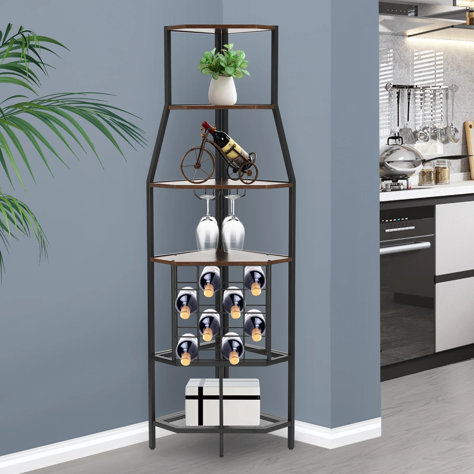 5-Tier Freestanding Corner Wine Rack, With Glass Holder, For Home Kitchen Dining Room Corner Shelf