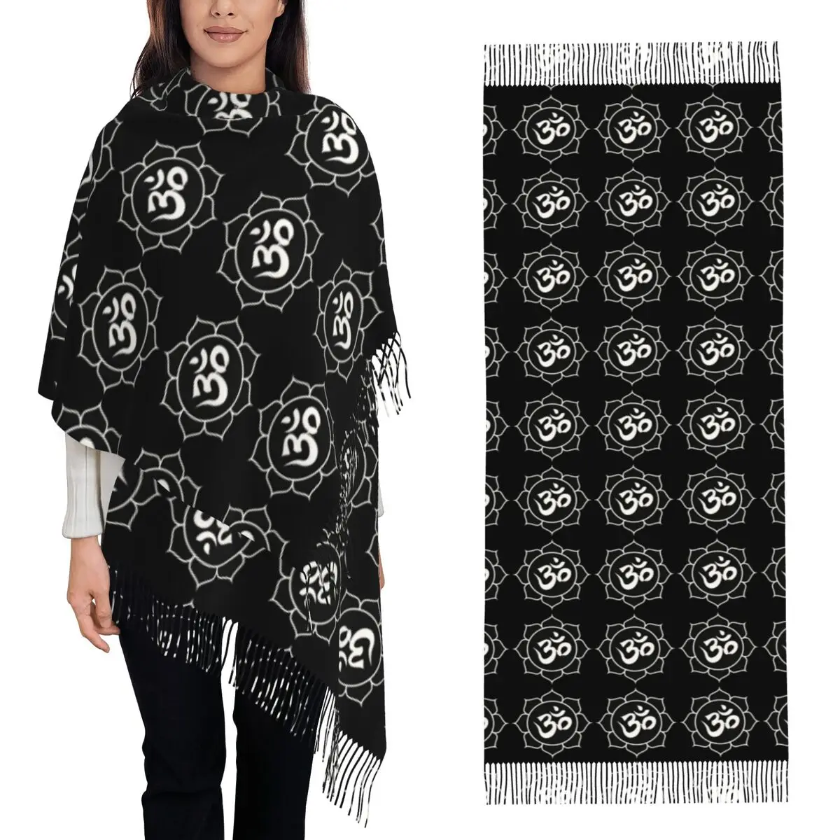 Om Yoga Lotus Flower Buddhist Lotus Meditation Scarf Tassel Scarves Women Soft Warm Shawls and Wraps Long Fall Winter Shawl Wrap