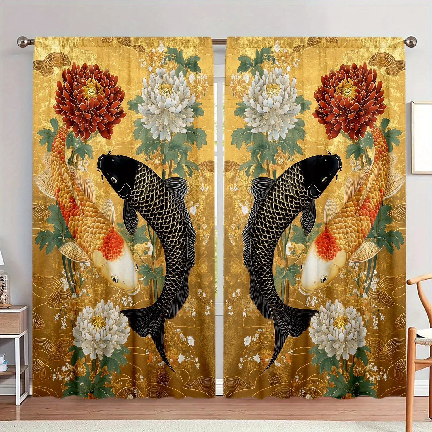 2pcs Gold Koi Fish Chrysanthemum Curtains Japanese Style Print Blackout Drape Bedroom Living Room Window Treatment Home Decor