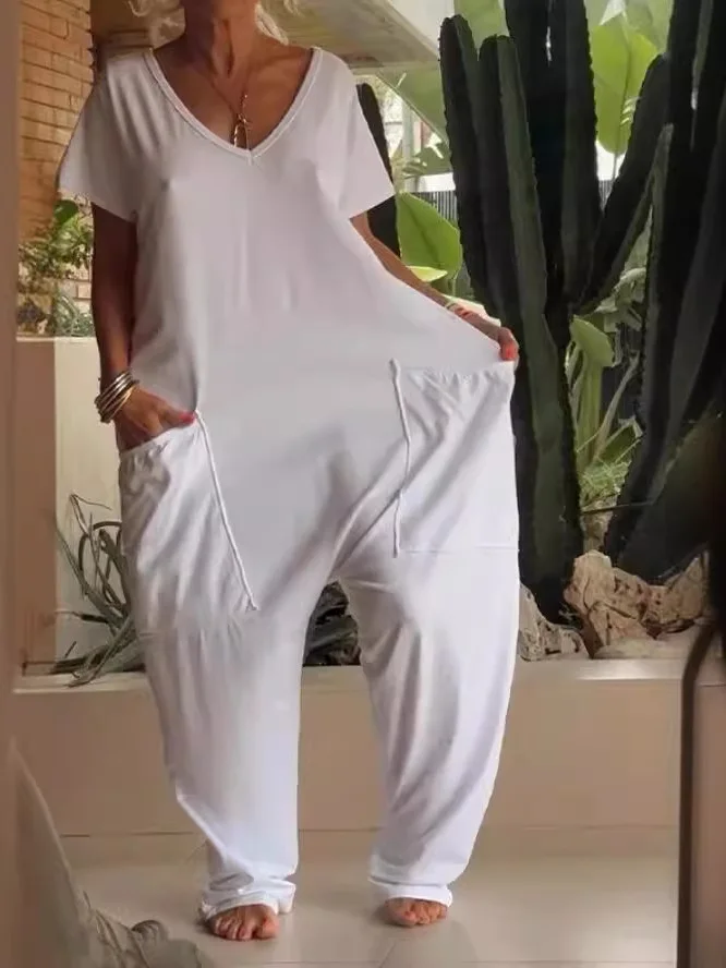 

Женский летний комбинезон из полиэстера, однотонный, с V-образным вырезом, высокой талией, длинными брюками, в уличном стиле