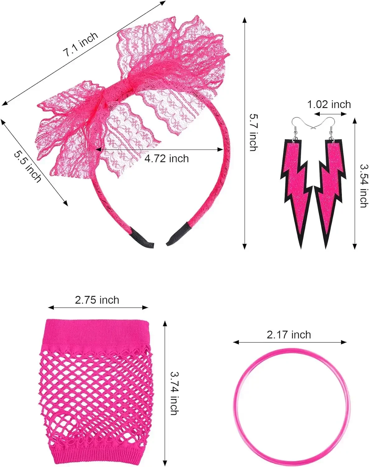 80s Outfit Girl Lace Headband Neon Earrings Fingerless Fishnet Gloves Coloured Accessories Set 1980s Retro Fancy Party Attire