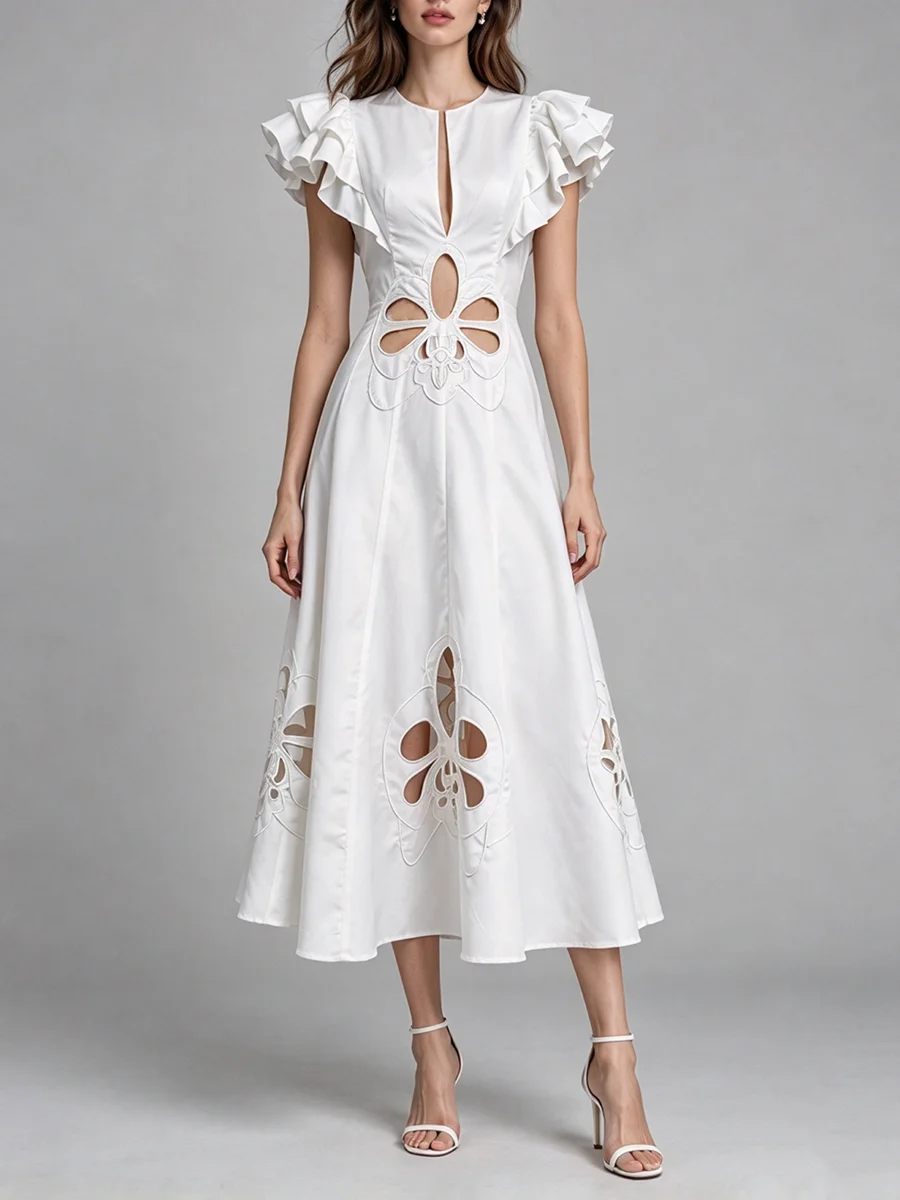 TWOTWINSTYLE Embroidered Spliced Cutout Slimming Dress for Women Round Collar Short Sleeve Patchwork Zipper Midi Dresses Female