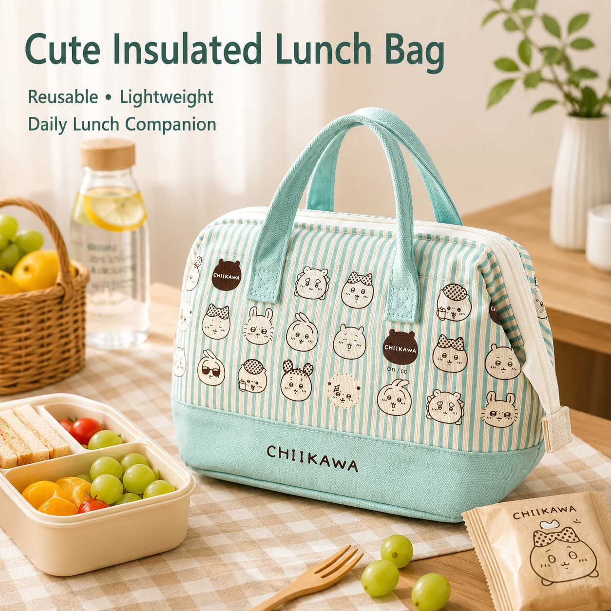 Chiikawa Insulated Lunch Bag Cute Anime Portable Tote Large Capacity Cooler Bento Bag Food Storage Carrier Office Lunch Handbag - view 5