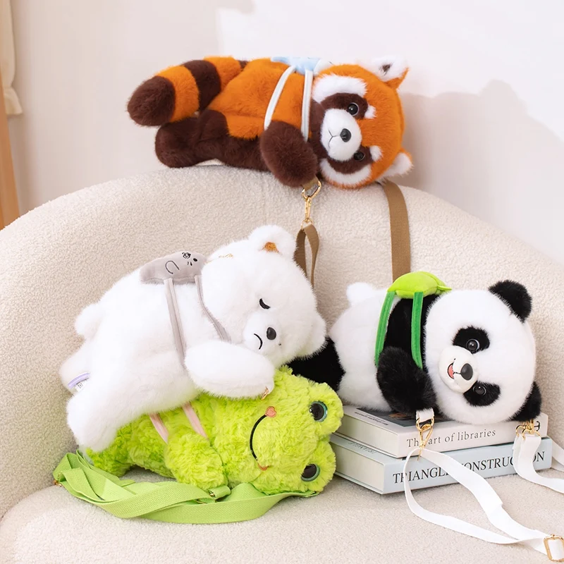 Kawaii ตุ๊กตาสัตว์ตุ๊กตากระเป๋าเป้สะพายหลัง Panda Raccoon หมาป่าหมีกบ Capybara Penguin Elephant Plush กระเป๋าเป้สะพายหลังของขวัญเด็ก