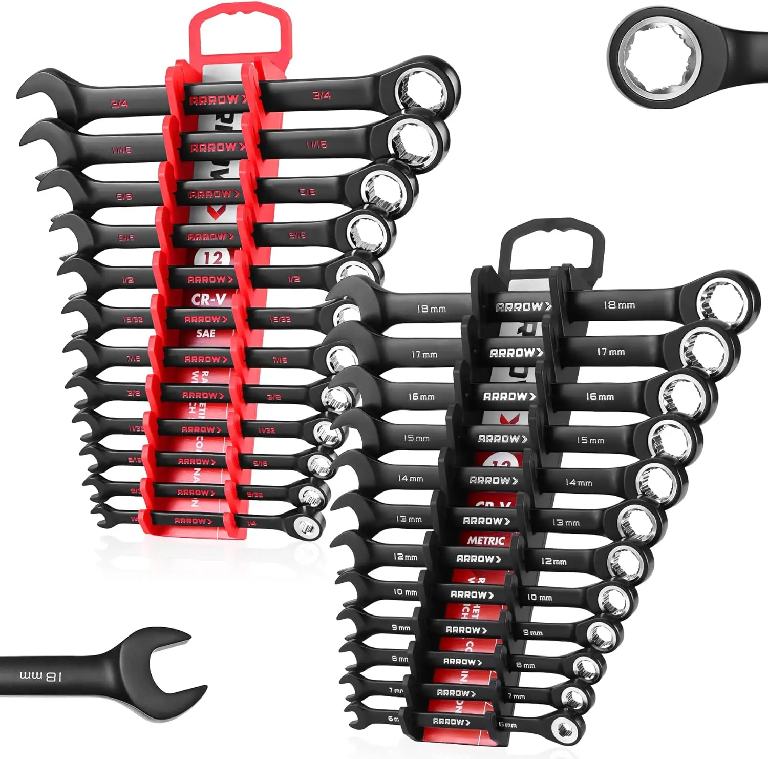 

24PCS Ratcheting Wrench Set Metric & SAE, Anti-Slip 6-18mm & 1/4"-3/4", CRV Steel, 72-Tooth, Magnetic Holders