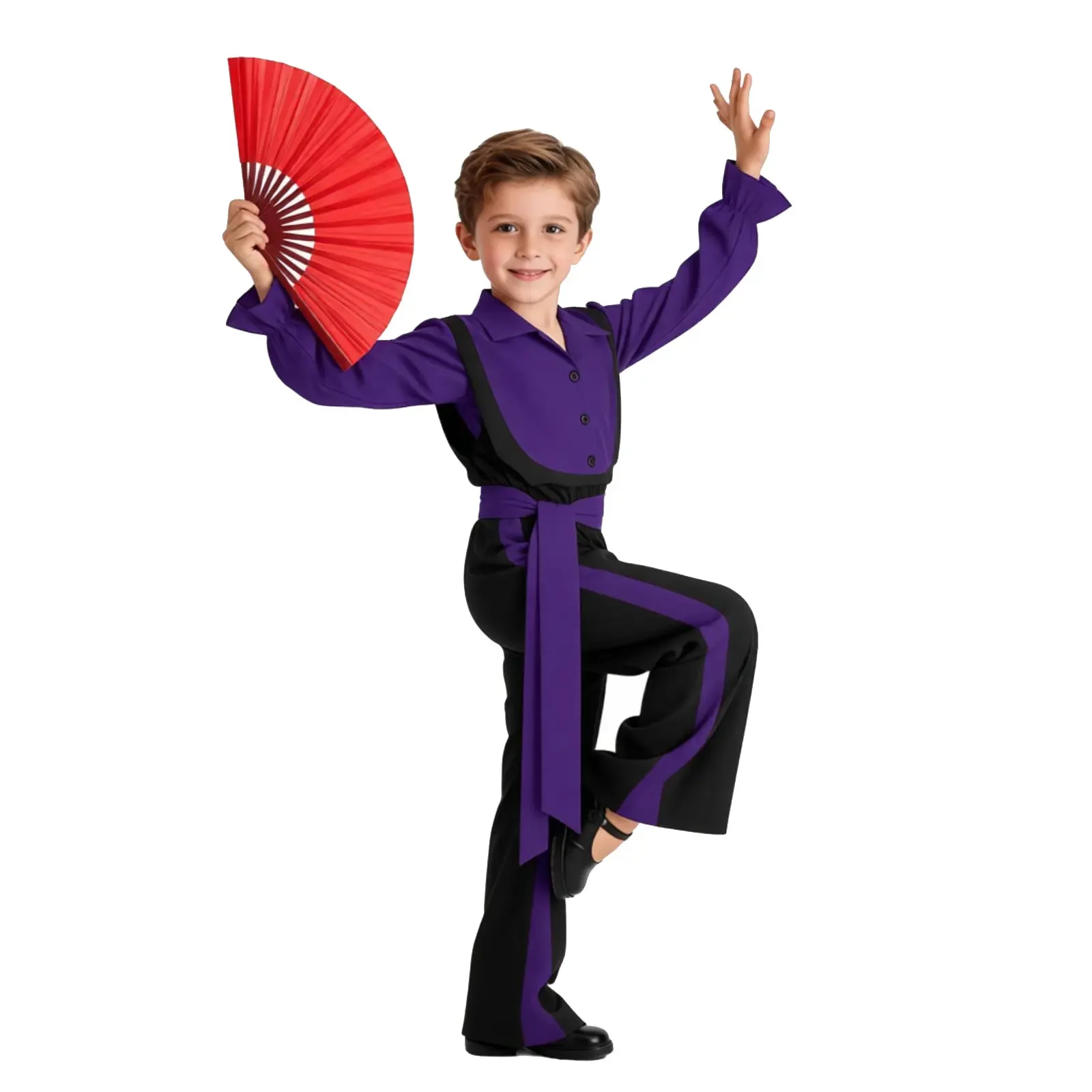 Traje de Danza Flamenca Española para Niños, Camisa con Pantalones de Campana y Cinturón para Espectáculos de Jazz Moderno, Patinaje Artístico Latino