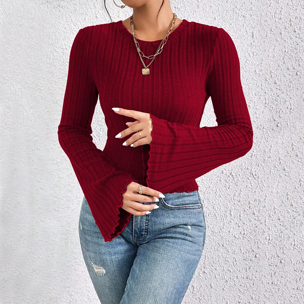 Women\'s Top Elegant Autumn and Winter 2024 New Fashion Crew Neck Horn Sleeve Burgundy T-shirt Commuter Casual