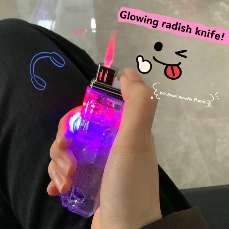 Transparent LED Flash Lighter with Pink Flame, Windproof Jet Torch, Creative Radish Knife Design Refillable Butane Lighter