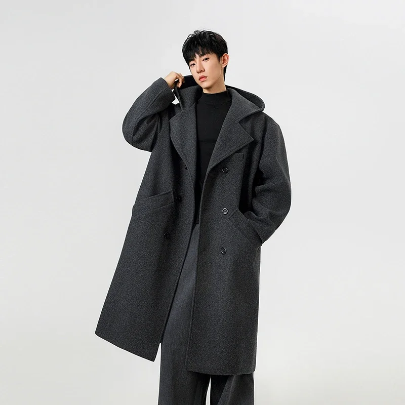 

Trench Men 2025 New Autumn Winter Men Imitation Wool Fabric Hooded Wool Overcoat Suit Collar Double Breasted Mid Long Length