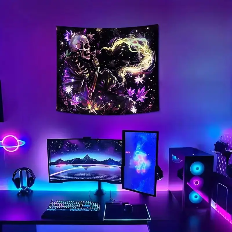 VIKAMA UV Blacklight Skeleton Tapestry Psychedelic Floral Smoke Print Glow Wall Hanging For Gaming Bedroom Decor Banner