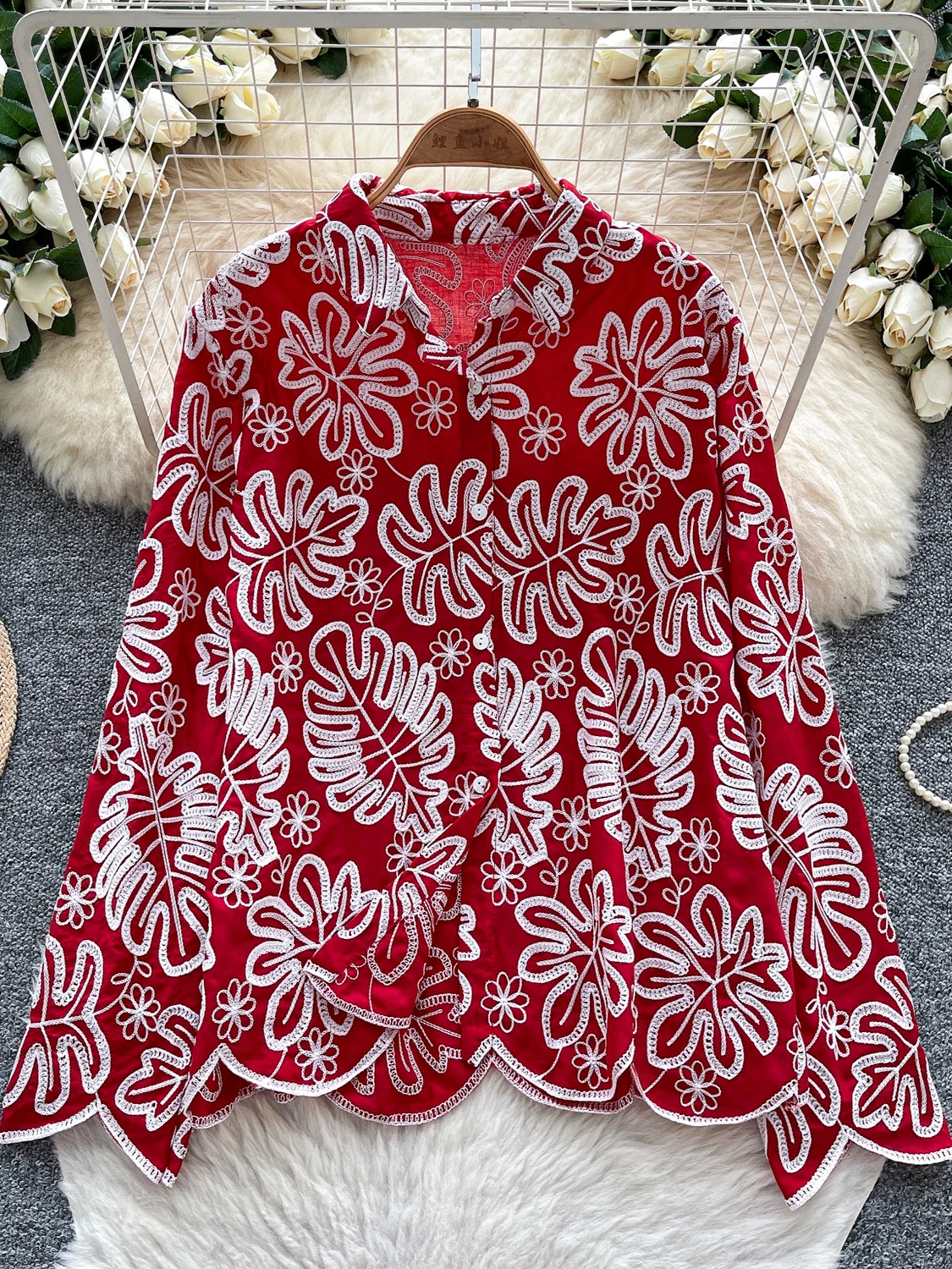 

Retro Ladylike Long Sve Embroidered irt Women's Autumn Hook Flower Loose Design Sensation Ele Maturi Top Trendy
