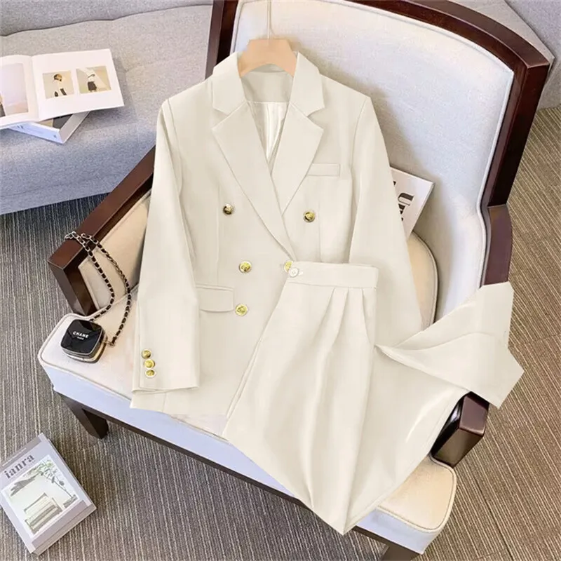 2023 Women Slim Blazer Trousers Pocket Pantsuit Office Lady Wear Casual Chic Suits Jacket Femme High Waist Straight Pants Set