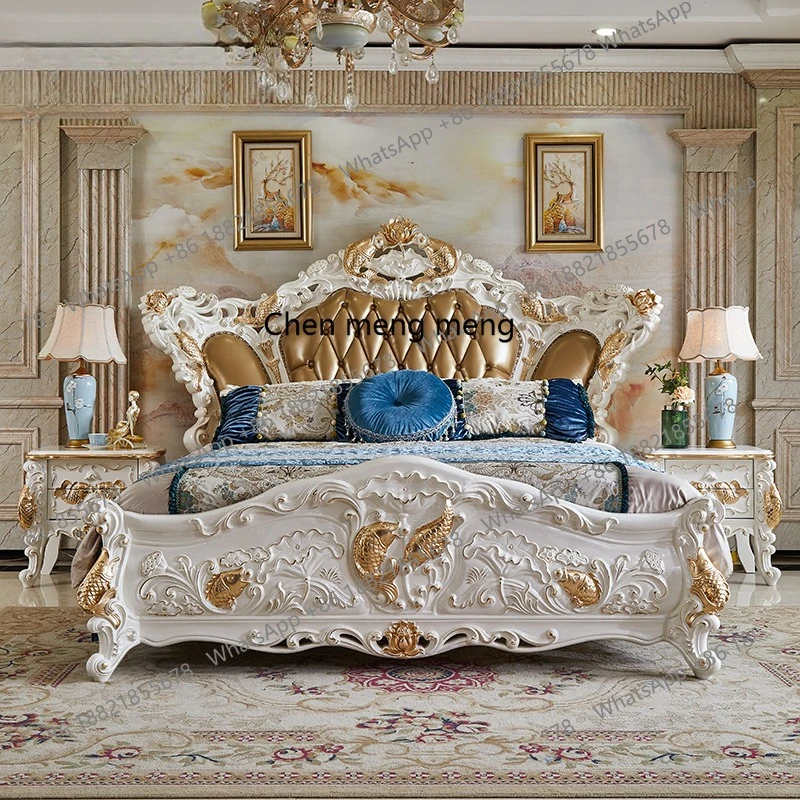 European-style solid wood leather bed, villa master bedroom engraved with gold foil pearl white, annual fish bed 1.8 meters