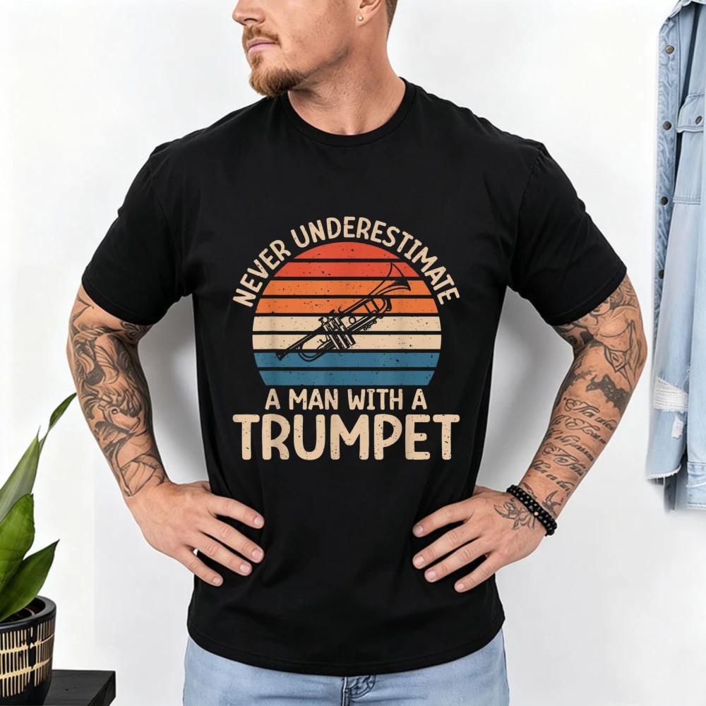 Never Underestimate A Man With A Trumpet Retro Sunset Graphic T Shirt Women Brass Player Print Tee Jazz Musician Cotton Tops