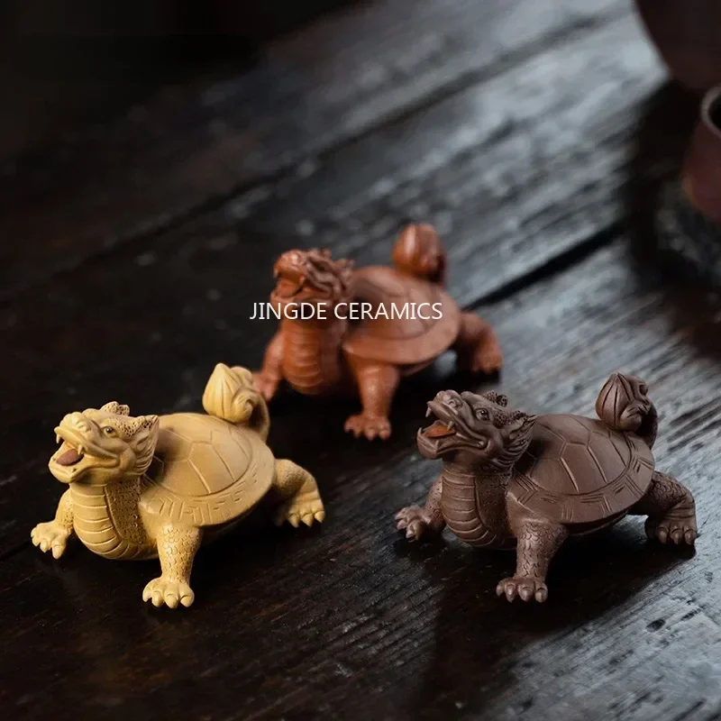 Yixing Purple Clay Art Tea Pet Lucky Dragon Turtle Statue Ornaments Animal Tea Figurine Sculpture Crafts Home Tea Set Decors