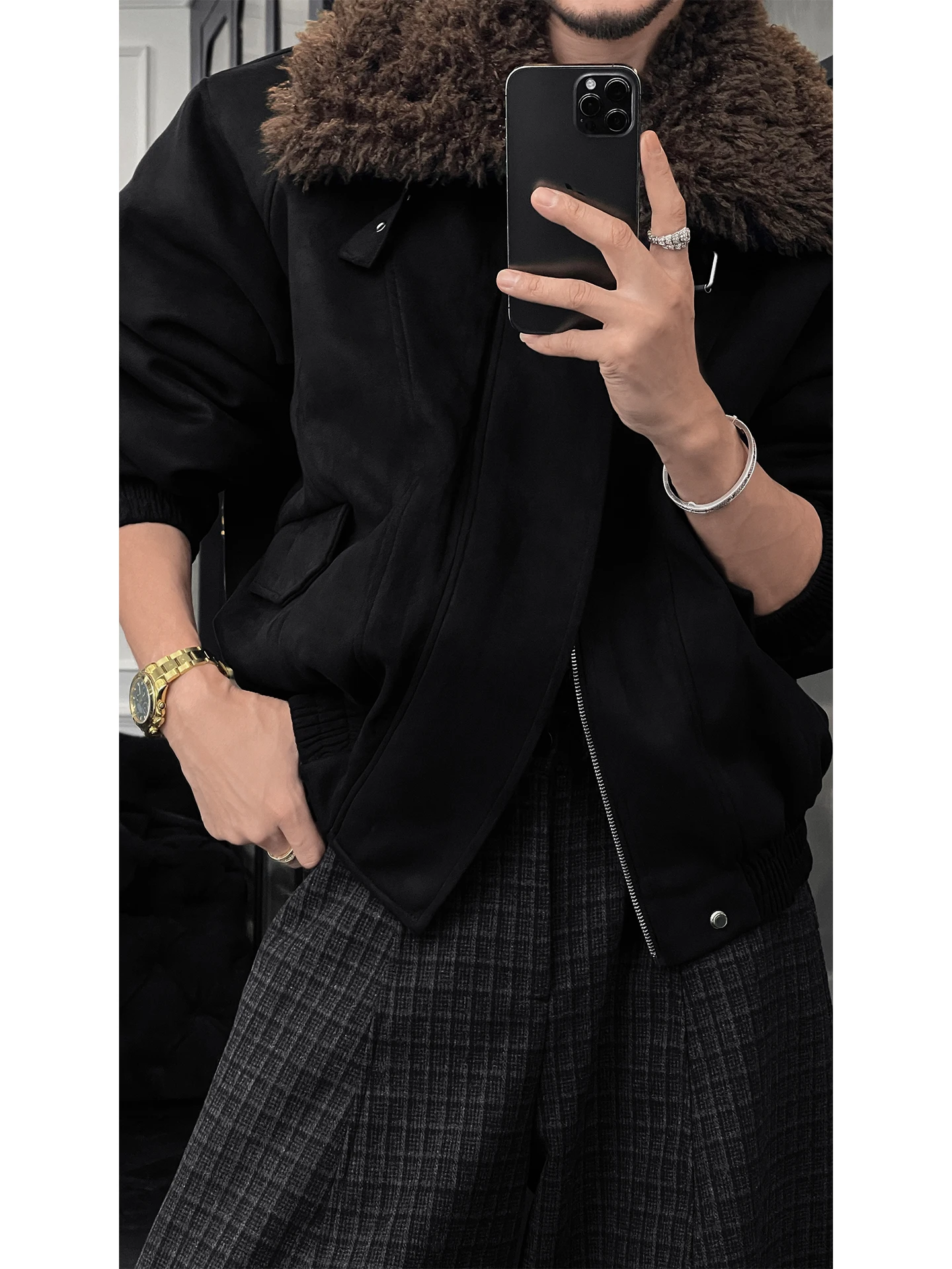 سترة رجالية جديدة لخريف وشتاء 2025 راقية على الطراز الأمريكي بتصميم كلاسيكي وياقة من الفرو الصناعي وسترات بسحاب بلون سادة معاطف مريحة فضفاضة #5