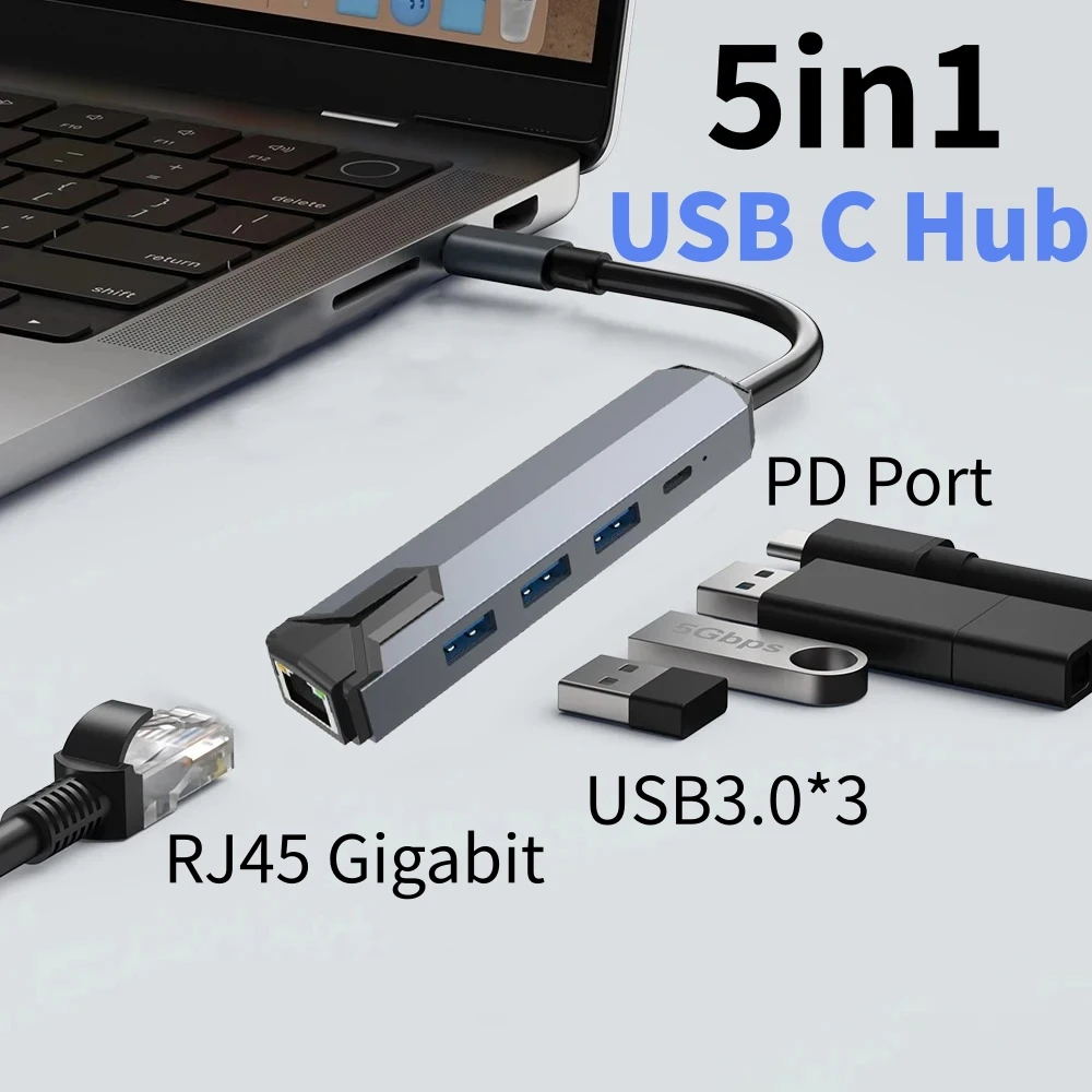 

USB C 5-in-1 HUB USB3.0 Gigabit Type-C to USB3.0 1000Mbps RJ45 for Laptop Macbook Accessories Ethernet Adapter Network Card Dock