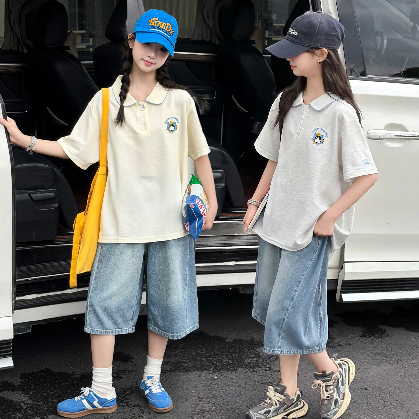 Girls' Short Sleeve Polo Shirt Loose Half Sleeve T-Shirt Summer Casual Wear Contrast Color Middle School Students Top