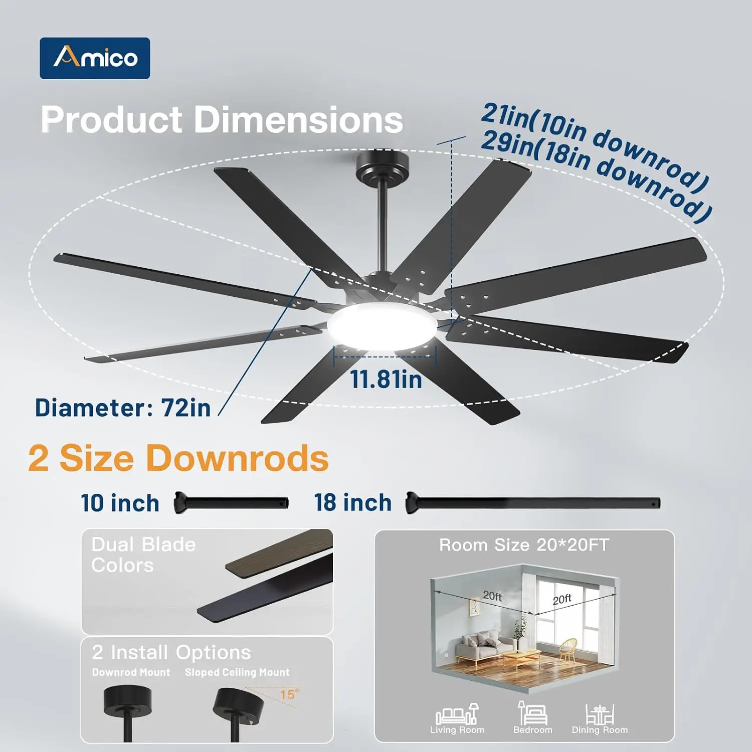 72" Large Ceiling Fan with Lights & Remote, Dimmable 3CCT, Quiet DC Motor, Reversible, Indoor/Outdoor Use for Living Room, Bedroom, Kitchen, Patio view 5