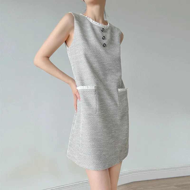 

Women Sweet Tweed Sleeveless Dress Summer Simple Basic Korea Chic Casual Fashion Stitching Small Fragrance Vest Short Dress