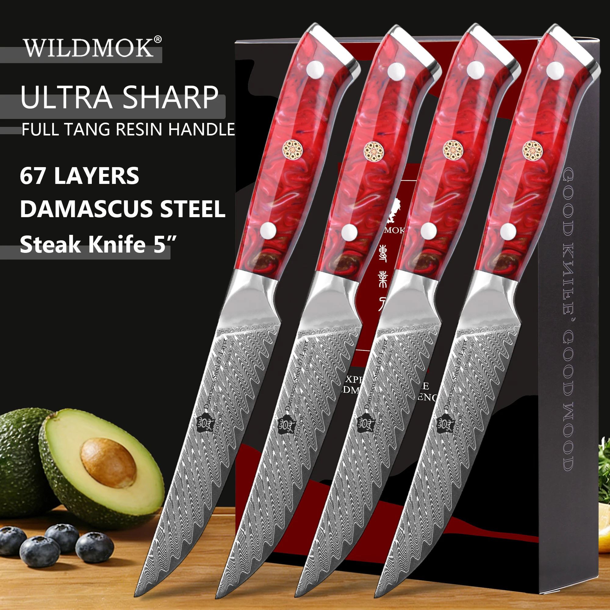 

WILDMOK 5 Inch Non Serrated Steak Knife Set of 4 Japanese Damascus VG10 Steel Red Resin Handle Dinner Cutlery