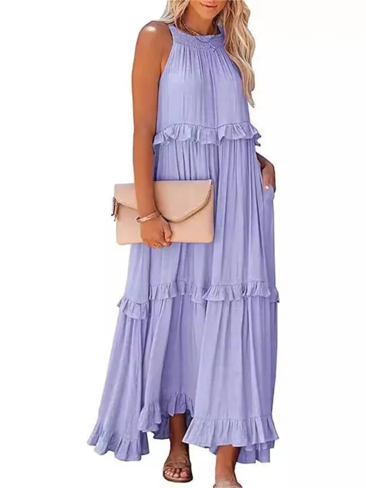 Summer Vacation Style Halter Neck Long Dresses Women Fashion Backless Leace-up Loose Ruffles Beach Dress Elegant Ladies Vestidos