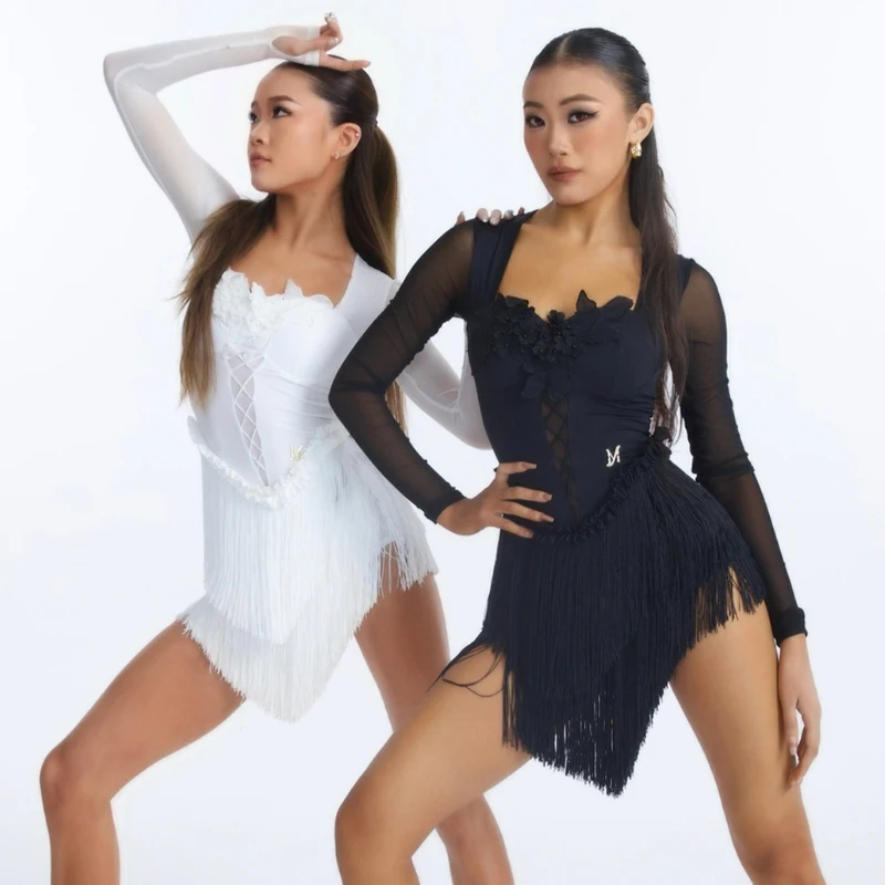 Women Mesh Sleeves Latin Dance Fringed Dress Adults Performance Dancing Clothes Ladies Chacha Samba Latin Dancewear SL14320