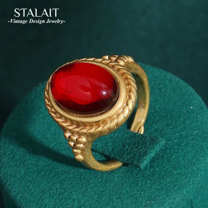 

Wedding Red Oval Crystal Vintage Ring Antique Jewelry Gold Color Luxury Hollow Bride Grandmother Gift Accessories for Women