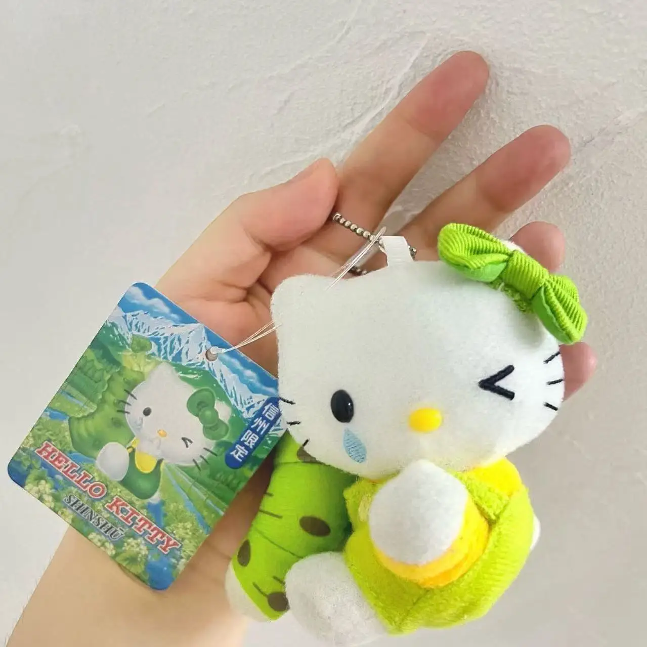 Sanrio Hello Kitty Cute Green Bow Tie A Drop Teardrop Plush Stuffed Toy Keychain Crossbody Bag Pendant Holiday Gifts for Friends