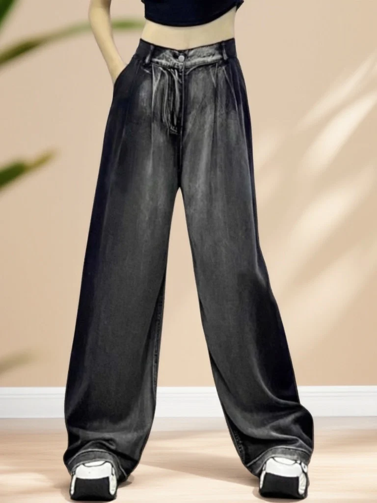 

High Waist Wide Leg Denim Pants Spring Season Color Blo Drapey Street Sle Women's Casual Faion High End Feeling Trousers
