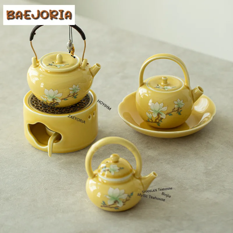 

Overglaze Color Yulan Magnolia Lifting Handle Teapot Traditional Tea Infuser Pot Tea Brewing Kettle With Ball Hole Tea Items