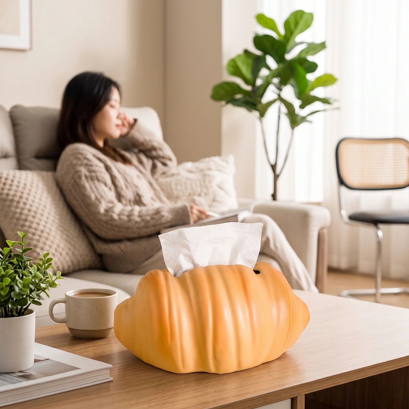 Croissant Tissue Box Holder Tabletop Ceramic Tissue Box Cover Glazed Sculpted for Living Room, Bedroom