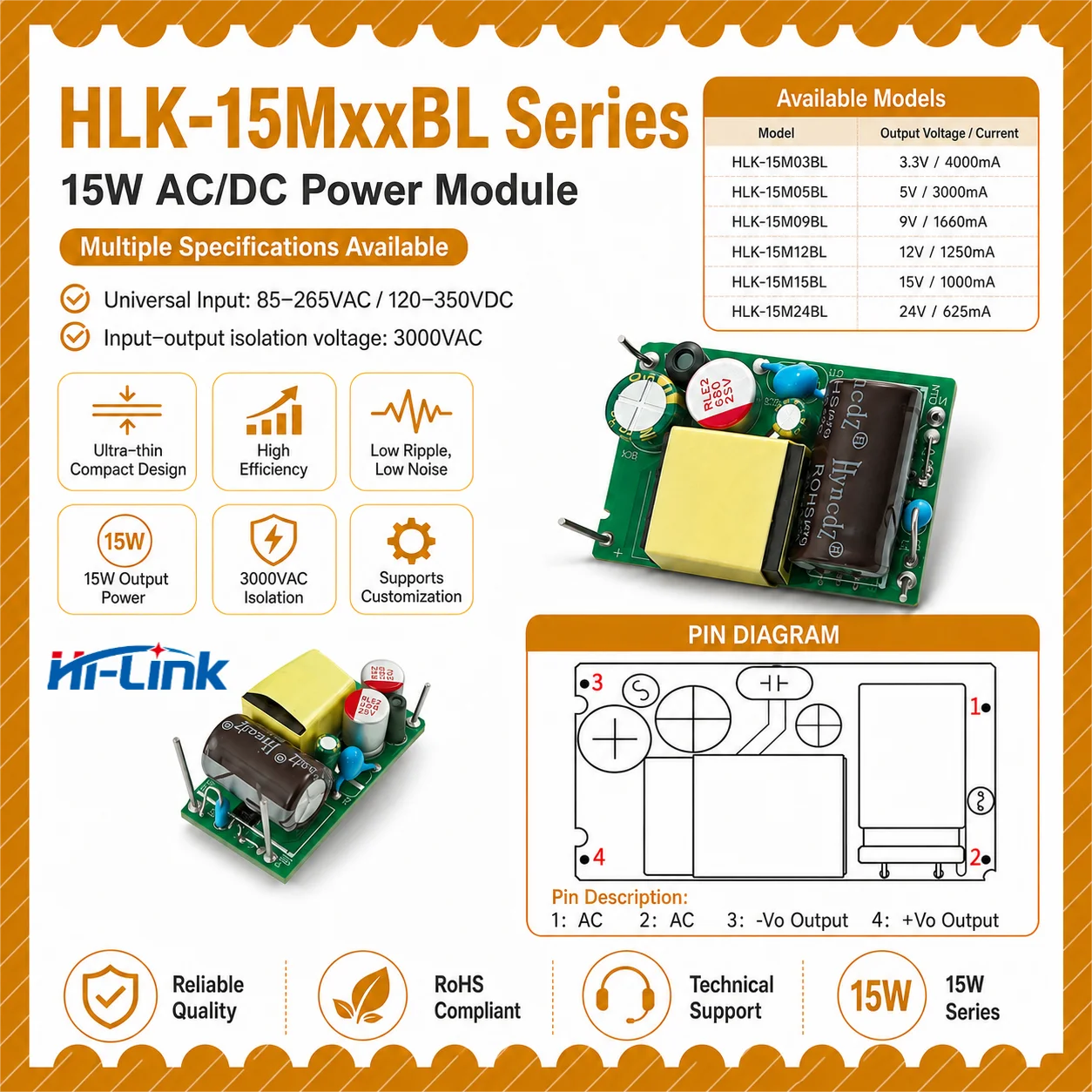 HLK-15M05BL 15M09BL 15M12BL 15M24BL 15W Sealed Mini Carton 85 To 265V AC Input 3000VAC Barrier High Efficient Buck Output