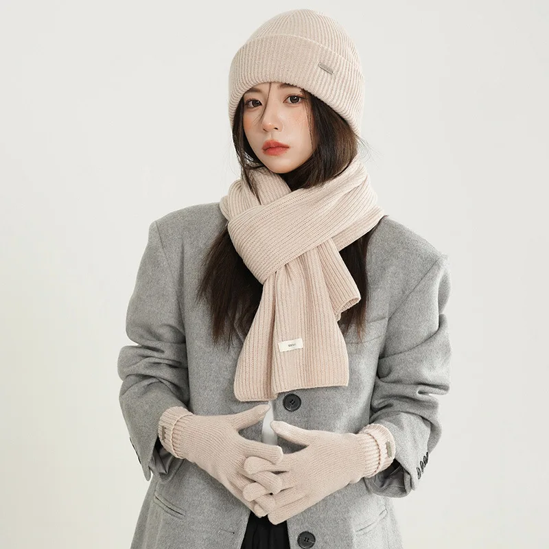 3pcs sets winter beanies long scarf gloves women winter hats set solid color beige knitted beanie
