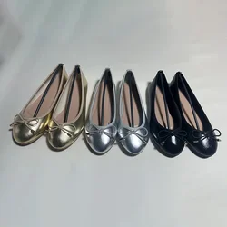 Aneikeh Fashion 2025 Spring Summer New Round Toe Flat Ballet Shoes Butterfly Bow Comfortable Soft Loafers Silver Shoe Slip-On