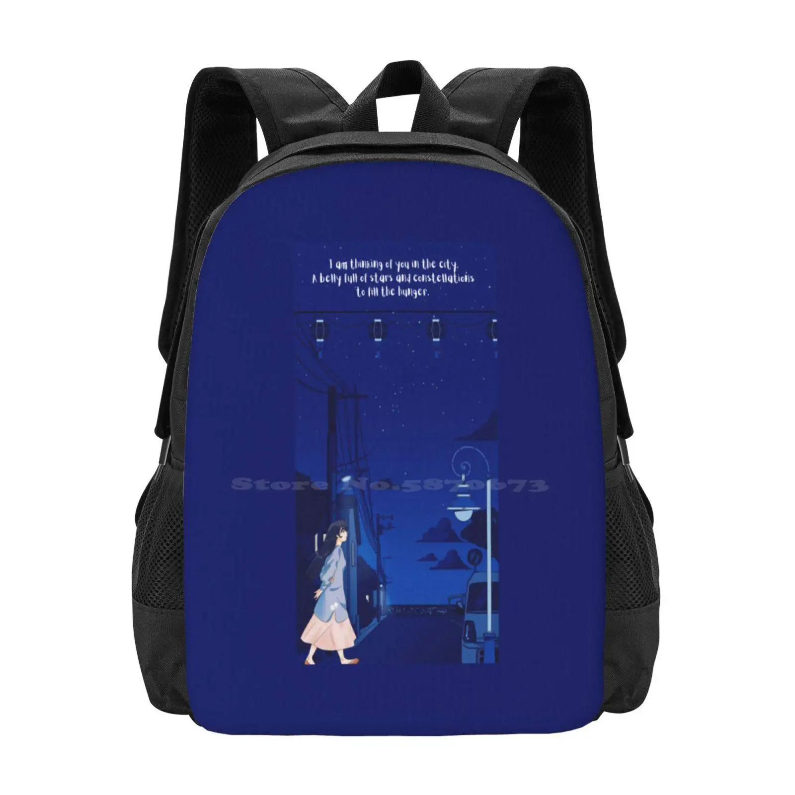 Thinking Of You Hot Sale Backpack Fashion Bags Stars City Lights Poem Love Quote Night Sky Anime Girl Constelations