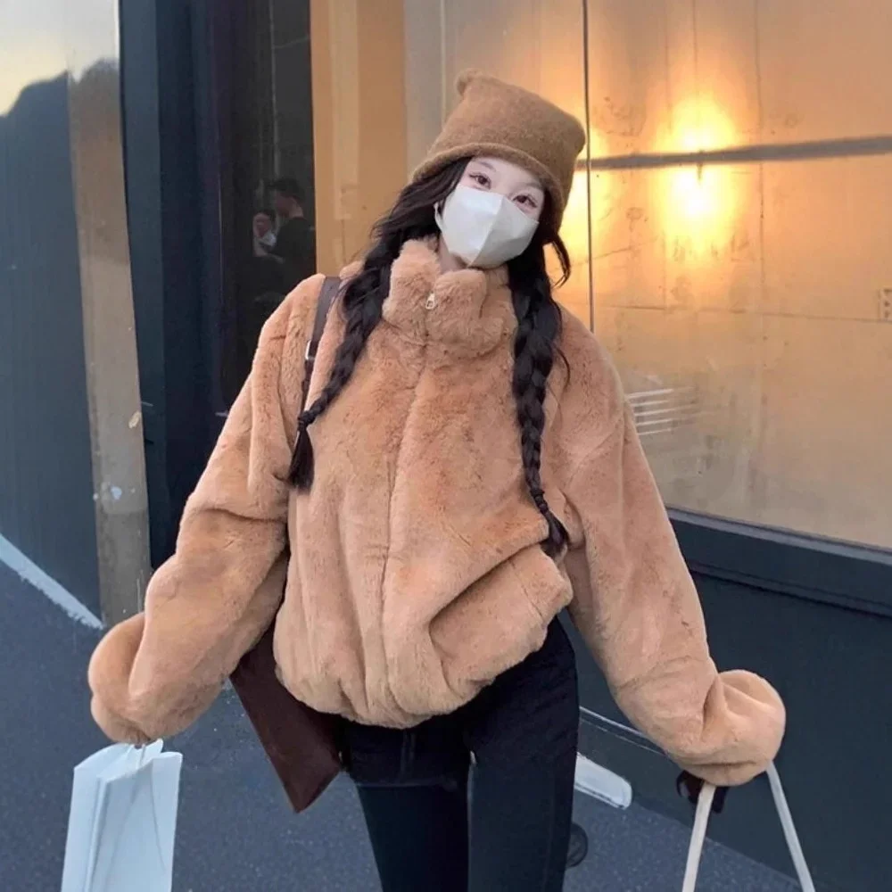 

Thickened Warm Brown Fur Jacket Women Winter New Loose Stand Collar Plush Jacket Cotton Bomber Clothes for Figures