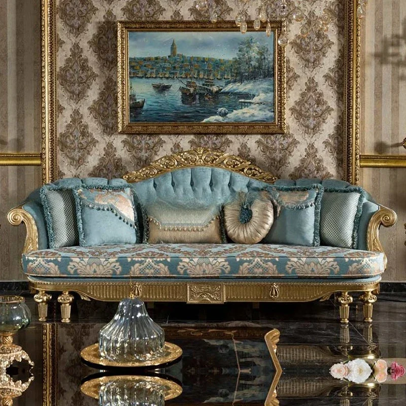 Traditional Solid Wood Carved Sofa with Gold Foil Living Room American Style Fabric Couch