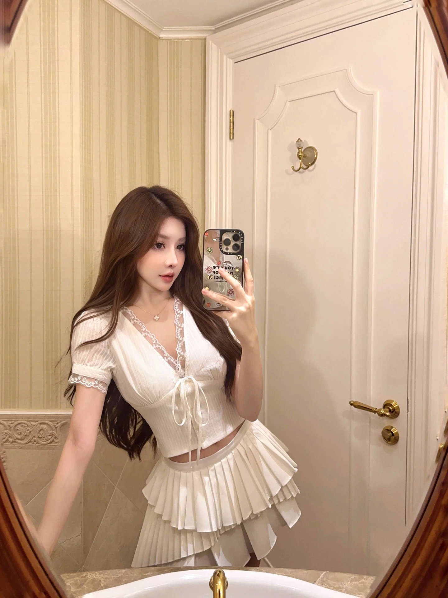 

Bet's New Lace irt ort V-Ne Flower Petal Design Pure Desire Top JUNSTUDIO Breathable Sweat-ng Summer T-irt