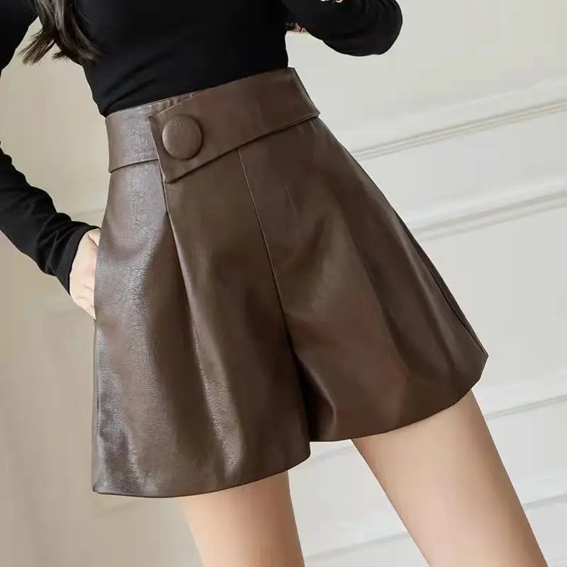 Korean Loose Patchwork Solid Color Leather Shorts Autumn Winter Women's Clothing High Waist All-match Simplicity Pockets Pants