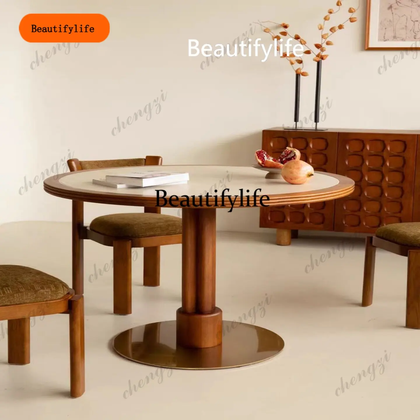 

B567 Medieval travertine rock slab solid wood dining table household small apartment designer round dining table teak color