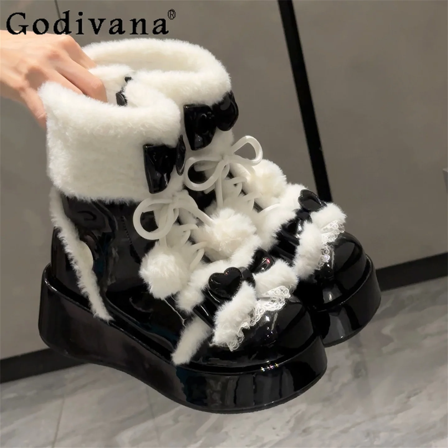 

Autumn Winter New Japanese Style Original Lolita Fleece-Lined Warm Thick-Soled Boots Sweet Cute Plush Round-Toe Women's Boots