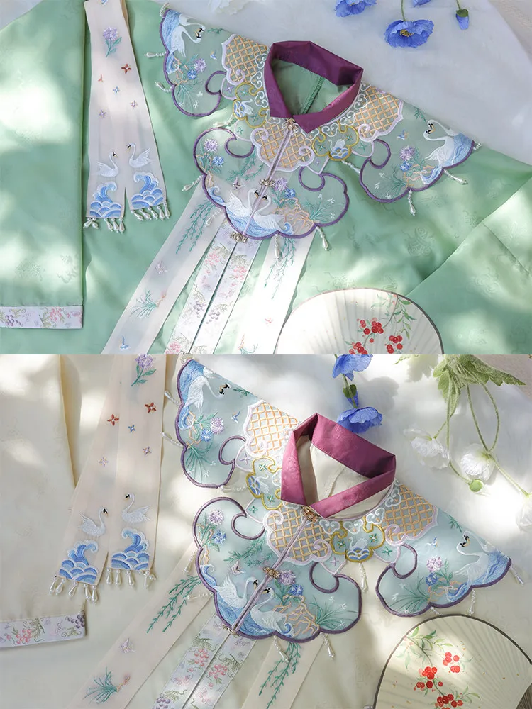 Traditional Chinese Ming Hanfu Cloud Collar Exquisite Swan Koi Floral Embroidery Pearl Trim Detachable Ribbons Cosplay Accessory
