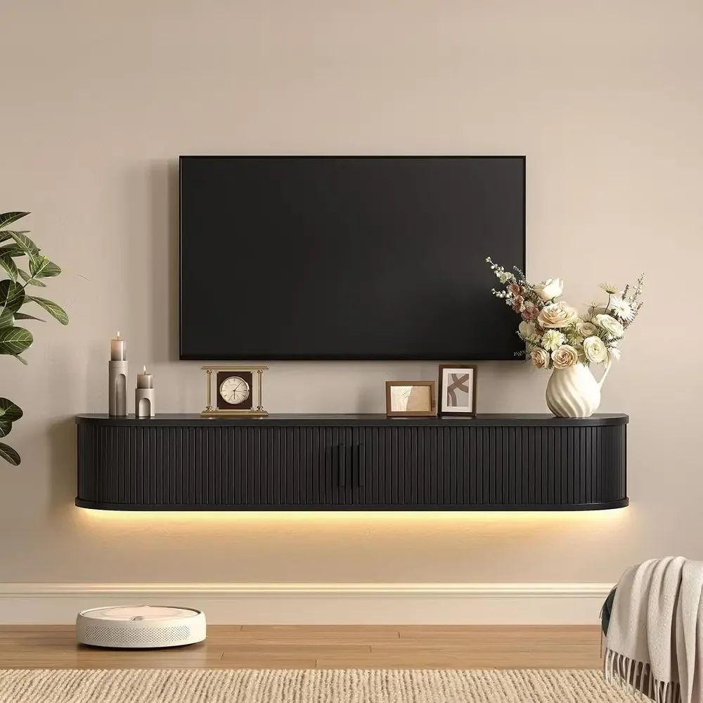 65 TV Stand with Power Outlet, LED-lit Entertainment Center, Modern TV Cabinet with Sliding Door