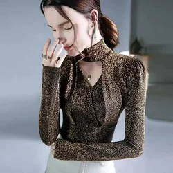 Tops Woman Sequin Glitter Sexy Rhinestone Turtleneck Long Sleeve T Shirt for Women Gold Coquette Clothes Korean Clothing Sale