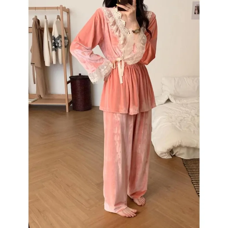 Luxury Brand Designer Clothing Sleepwear Women Pajama Sets Korean Vintage V-Neck Lace Long Sleeve Loungewear Nightwear Suits